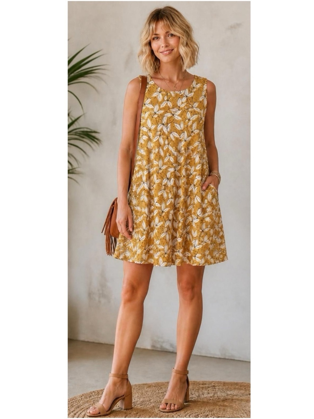 Rachel Zoe Linen Mini Swing Dress Floral A Line Sleeveless Womens Sz Small Gold